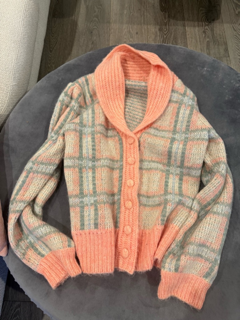 LoveShackFancy Pink and Sage Plaid Shawl-Collar Cardigan